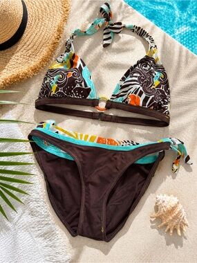 Body Glove Brown & Turquoise Tropical Bikini Set Ring Detail Halter Size Medium